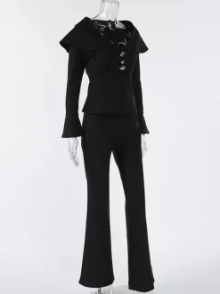 Ensemble deux pièces élégant pour femme tailleur pantalon - Col montant vintage boutons dorés manches cloche - Tenue de soirée de gala printemps 2026