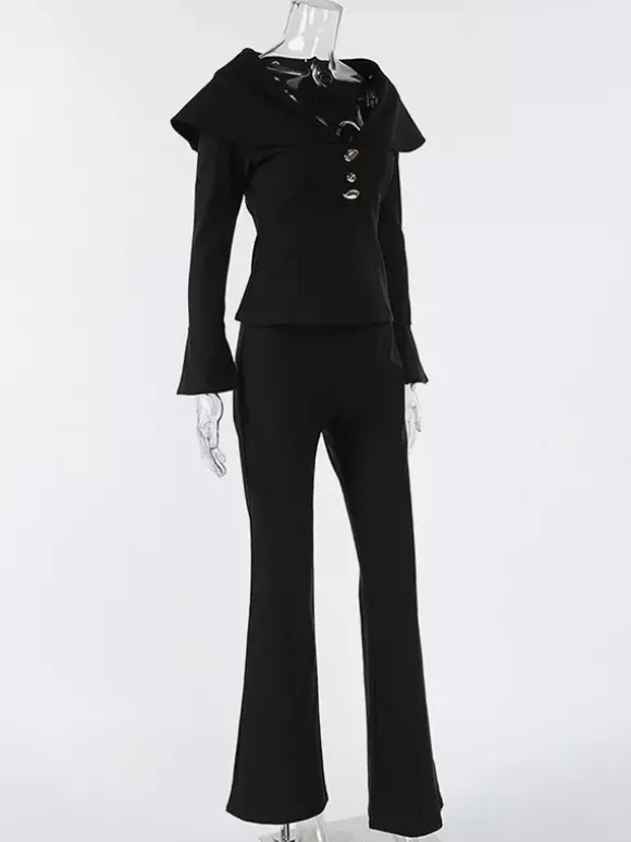 Ensemble deux pièces élégant pour femme tailleur pantalon - Col montant vintage boutons dorés manches cloche - Tenue de soirée de gala printemps 2026