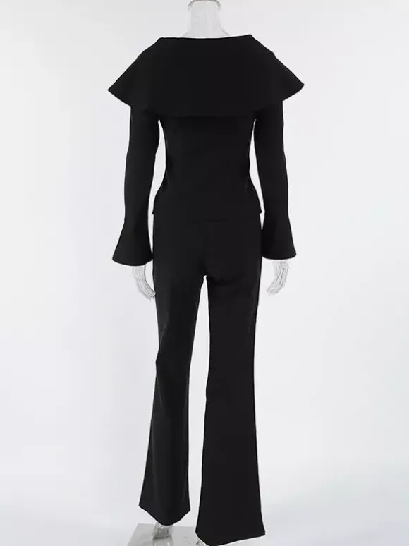 Ensemble deux pièces élégant pour femme tailleur pantalon - Col montant vintage boutons dorés manches cloche - Tenue de soirée de gala printemps 2026