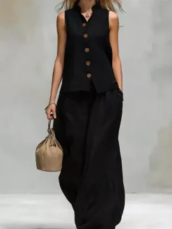Ensemble deux pièces marron chic décontracté en coton et lin à col montant et pantalon sans manches