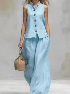 Ensemble deux pièces marron chic décontracté en coton et lin à col montant et pantalon sans manches