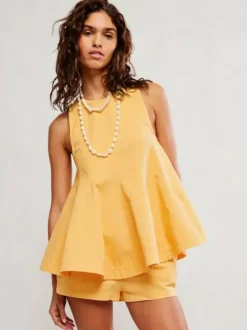 Ensemble deux pièces : mini-robe orange jean décontracté à col rond sans manches pantalon.