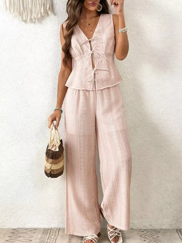Ensemble deux pièces : pantalon blanc imprimé style streetwear en polyester col V sans manches.