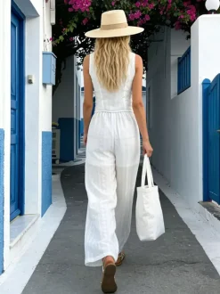 Ensemble deux pièces : pantalon blanc imprimé style streetwear en polyester col V sans manches.