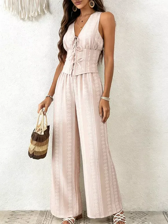 Ensemble deux pièces : pantalon blanc imprimé style streetwear en polyester col V sans manches.