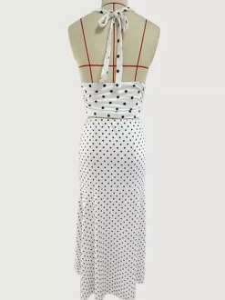 Ensemble deux pièces à pois pour femme - Haut blanc dos nu à col bénitier et jupe longue asymétrique à volants - Vacances d'été à la plage 2026