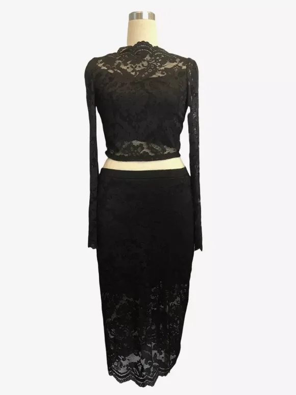 Ensemble deux pièces pour femme : crop top à manches longues en dentelle florale et jupe midi (collection 2026)