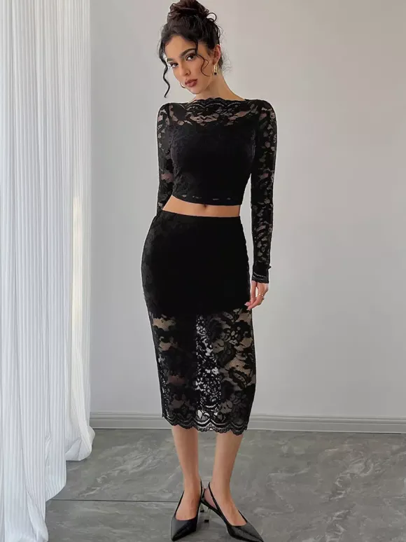 Ensemble deux pièces pour femme : crop top à manches longues en dentelle florale et jupe midi (collection 2026)