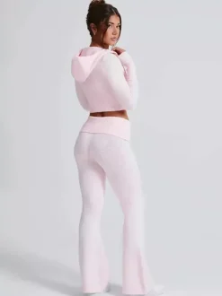 Ensemble deux pièces pour femme 2026 : sweat à capuche court zippé en maille et pantalon évasé