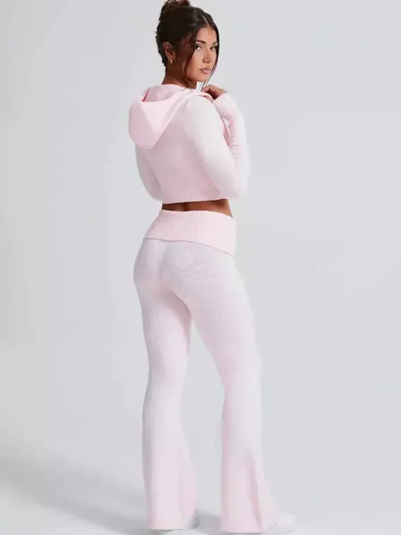 Ensemble deux pièces pour femme 2026 : sweat à capuche court zippé en maille et pantalon évasé