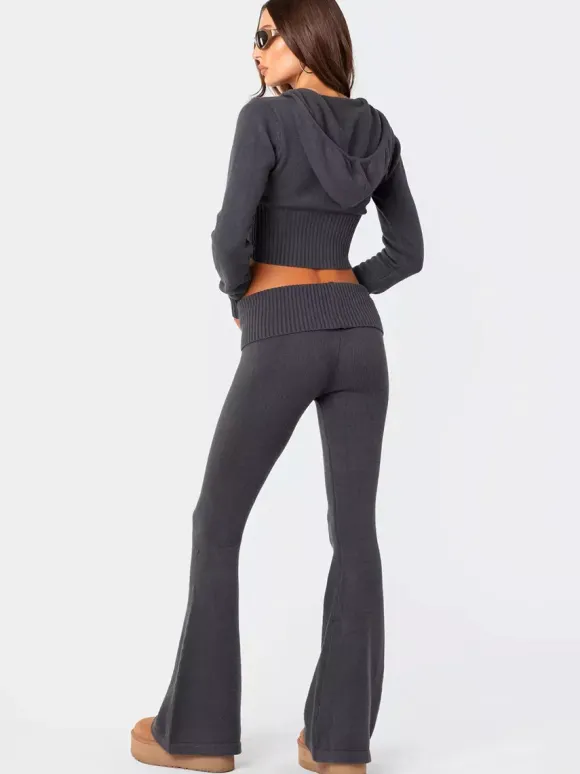 Ensemble deux pièces pour femme 2026 : sweat à capuche court zippé en maille et pantalon évasé