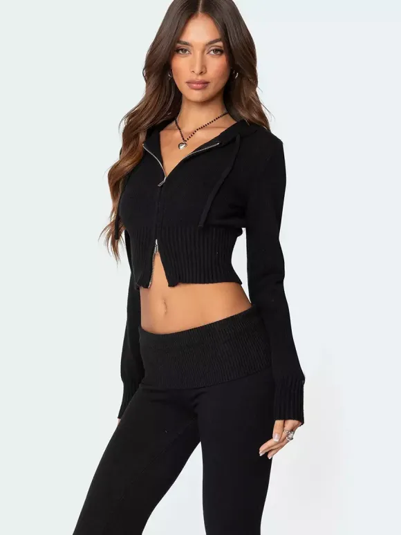 Ensemble deux pièces pour femme 2026 : sweat à capuche court zippé en maille et pantalon évasé