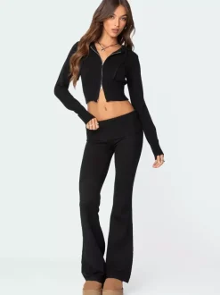 Ensemble deux pièces pour femme 2026 : sweat à capuche court zippé en maille et pantalon évasé