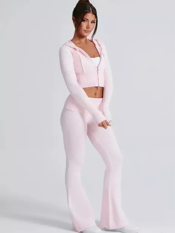 Ensemble deux pièces pour femme 2026 : sweat à capuche court zippé en maille et pantalon évasé