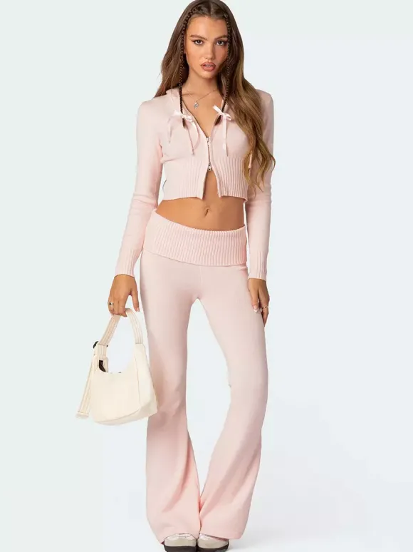 Ensemble deux pièces pour femme 2026 : sweat à capuche court zippé en maille et pantalon évasé