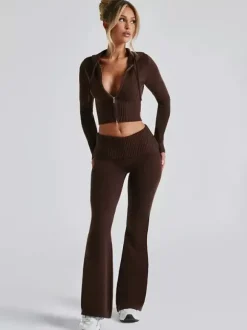 Ensemble deux pièces pour femme 2026 : sweat à capuche court zippé en maille et pantalon évasé