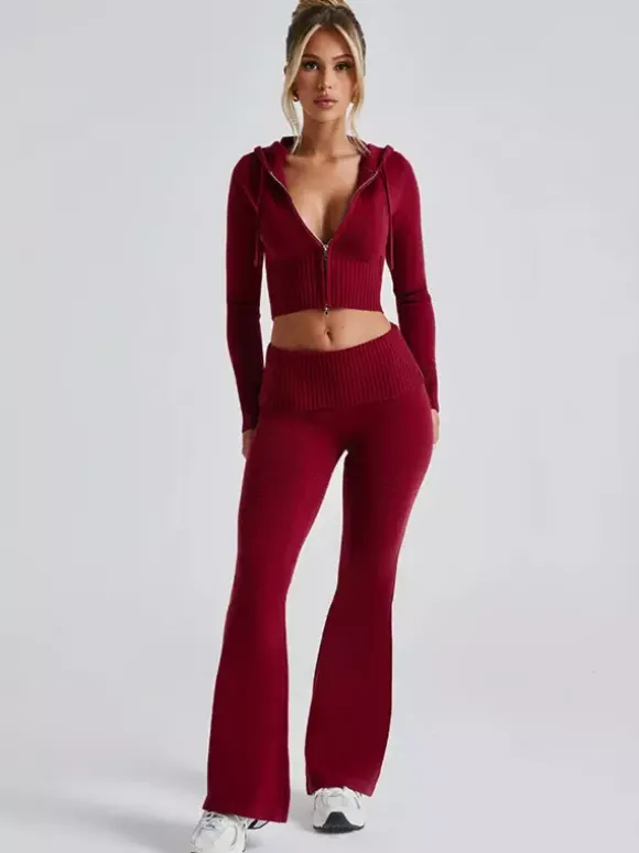 Ensemble deux pièces pour femme 2026 : sweat à capuche court zippé en maille et pantalon évasé