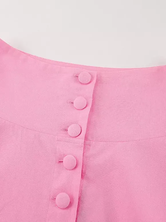 Ensemble deux pièces rose décontracté à boutons style streetwear col rond manches courtes jupe