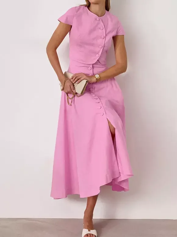 Ensemble deux pièces rose décontracté à boutons style streetwear col rond manches courtes jupe