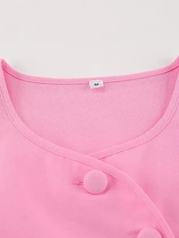 Ensemble deux pièces rose décontracté à boutons style streetwear col rond manches courtes jupe