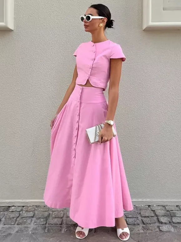 Ensemble deux pièces rose décontracté à boutons style streetwear col rond manches courtes jupe