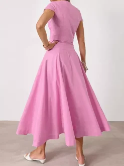 Ensemble deux pièces rose décontracté à boutons style streetwear col rond manches courtes jupe