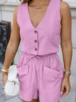 Ensemble deux pièces rose décontracté en coton et lin haut sans manches à col en V et pantalon.