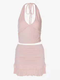 Ensemble deux pièces rose décontracté à volants pour soirée jupe sans manches à col bénitier en polyester
