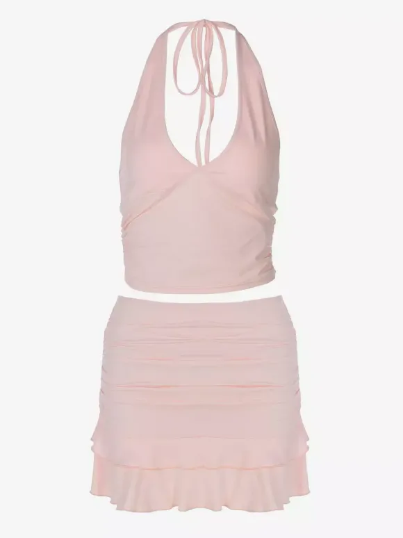 Ensemble deux pièces rose décontracté à volants pour soirée jupe sans manches à col bénitier en polyester