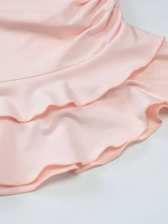 Ensemble deux pièces rose décontracté à volants pour soirée jupe sans manches à col bénitier en polyester