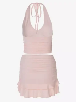Ensemble deux pièces rose décontracté à volants pour soirée jupe sans manches à col bénitier en polyester
