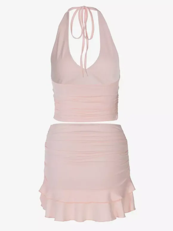 Ensemble deux pièces rose décontracté à volants pour soirée jupe sans manches à col bénitier en polyester