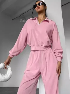 Ensemble deux pièces rose décontracté style streetwear col rabattu manches longues et pantalon