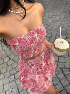 Ensemble deux pièces rose imprimé floral décontracté pour les vacances jupe sans manches