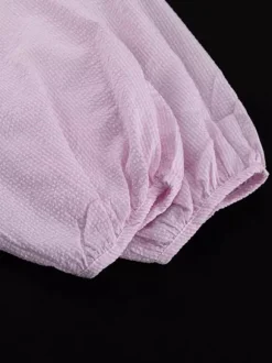 Ensemble deux pièces rose à rayures chics pour tous les jours col rabattu manches lanternes et pantalon