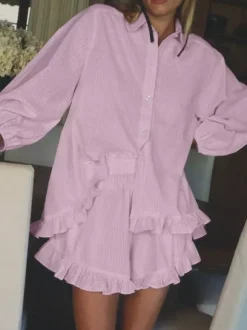 Ensemble deux pièces rose à rayures chics pour tous les jours col rabattu manches lanternes et pantalon