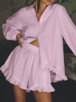 Ensemble deux pièces rose à rayures chics pour tous les jours col rabattu manches lanternes et pantalon