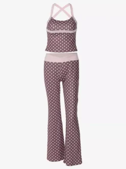 Ensemble deux pièces rouge à pois décontracté au quotidien bretelles col sans manches pantalon chic