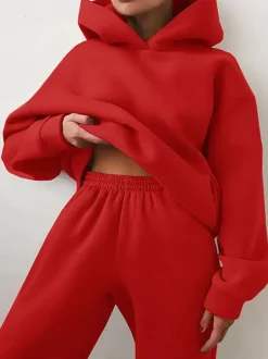 Ensemble Deux Pièces Top À Capuche Pantalon Coffee Décontracté