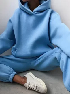 Ensemble Deux Pièces Top À Capuche Pantalon Coffee Décontracté