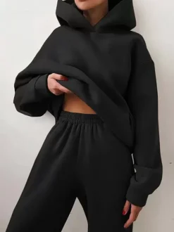 Ensemble Deux Pièces Top À Capuche Pantalon Coffee Décontracté