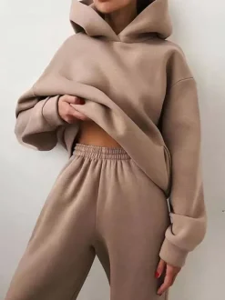 Ensemble Deux Pièces Top À Capuche Pantalon Coffee Décontracté