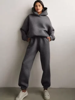 Ensemble Deux Pièces Top À Capuche Pantalon Coffee Décontracté