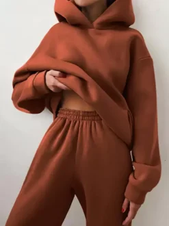 Ensemble Deux Pièces Top À Capuche Pantalon Coffee Décontracté