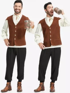 Ensemble gilet vintage marron café pour homme costumes de vacances