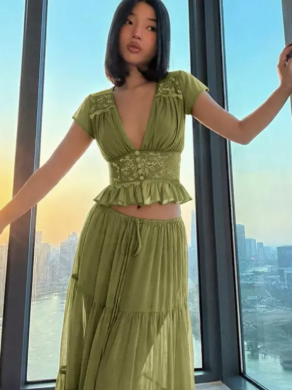 Ensemble jupe de vacances maxi en dentelle manches courtes col en V vert avocat chic