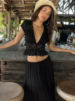 Ensemble jupe de vacances maxi en dentelle manches courtes col en V vert avocat chic