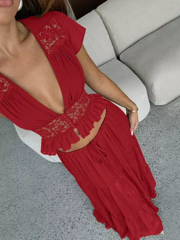 Ensemble jupe de vacances maxi en dentelle manches courtes col en V vert avocat chic