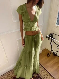 Ensemble jupe de vacances maxi en dentelle manches courtes col en V vert avocat chic