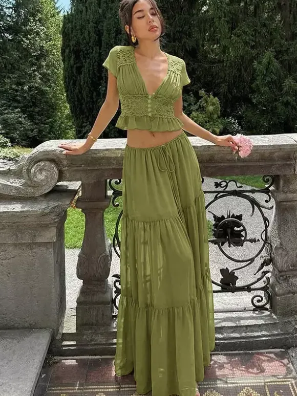 Ensemble jupe de vacances maxi en dentelle manches courtes col en V vert avocat chic